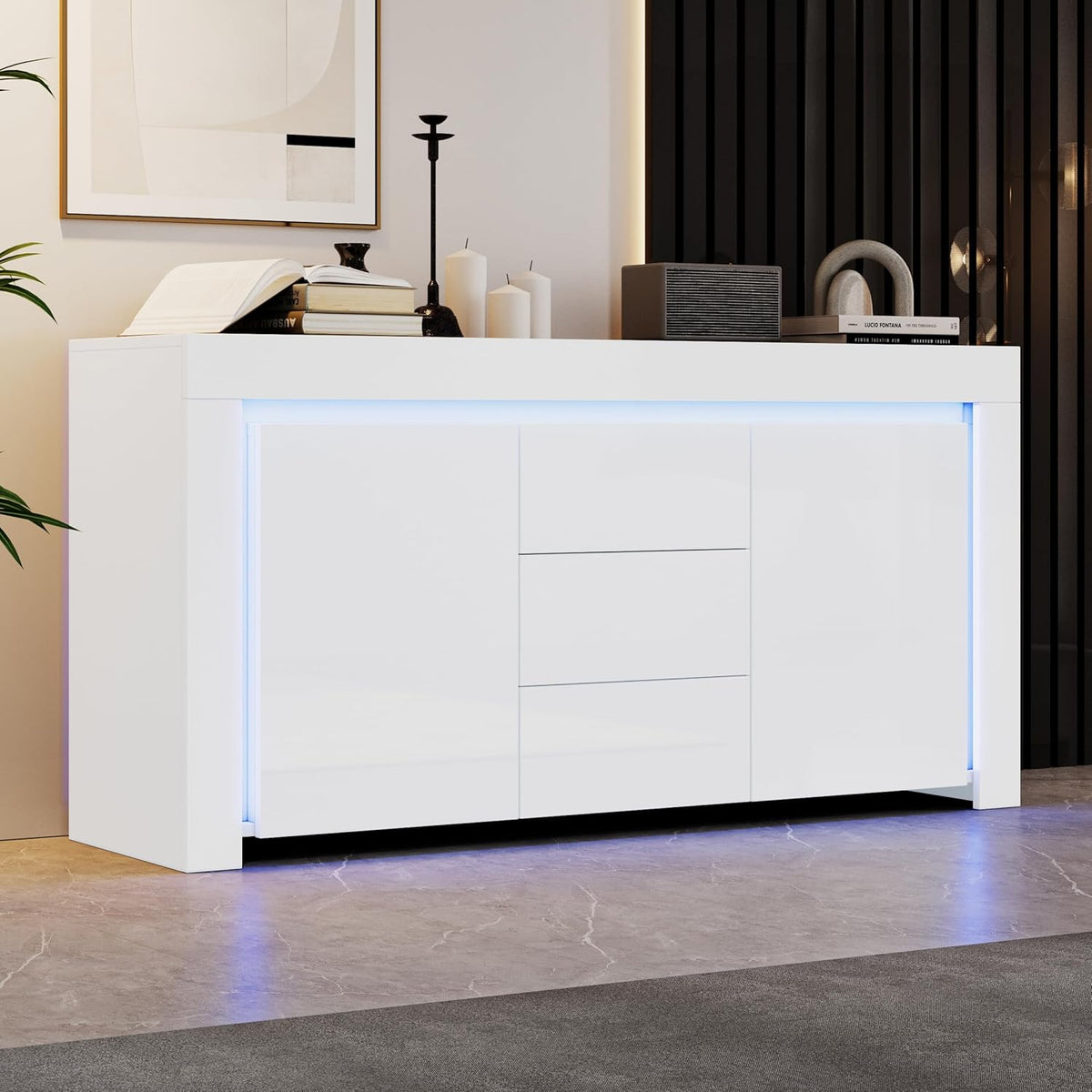 ModernLuxe LED Sideboard Hochglanz Wohnzimmer Beistellschrank 140x40x65cm,3 Schubladen & 2 Türen, Moderne Kommode mit Stauraum für Flur, Büro und Wohnzimmer, Weiß