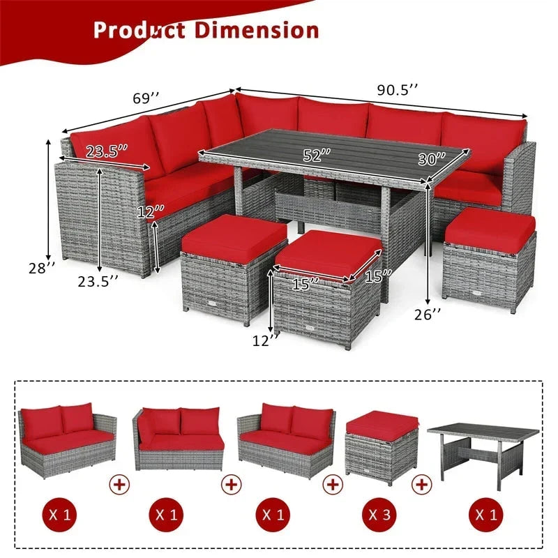 Conjunto de muebles de comedor para patio de 7 piezas de ratán con sofá seccional, mesa de comedor, otomanas y cojines