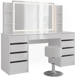 Tocador Vicco Sherry, blanco/blanco alto brillo, 158,2 cm, 5 piezas, con iluminación LED y taburete acolchado