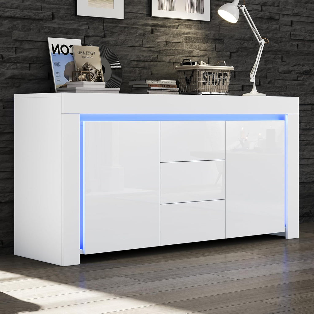 ModernLuxe LED Sideboard Hochglanz Wohnzimmer Beistellschrank 140x40x65cm,3 Schubladen & 2 Türen, Moderne Kommode mit Stauraum für Flur, Büro und Wohnzimmer, Weiß