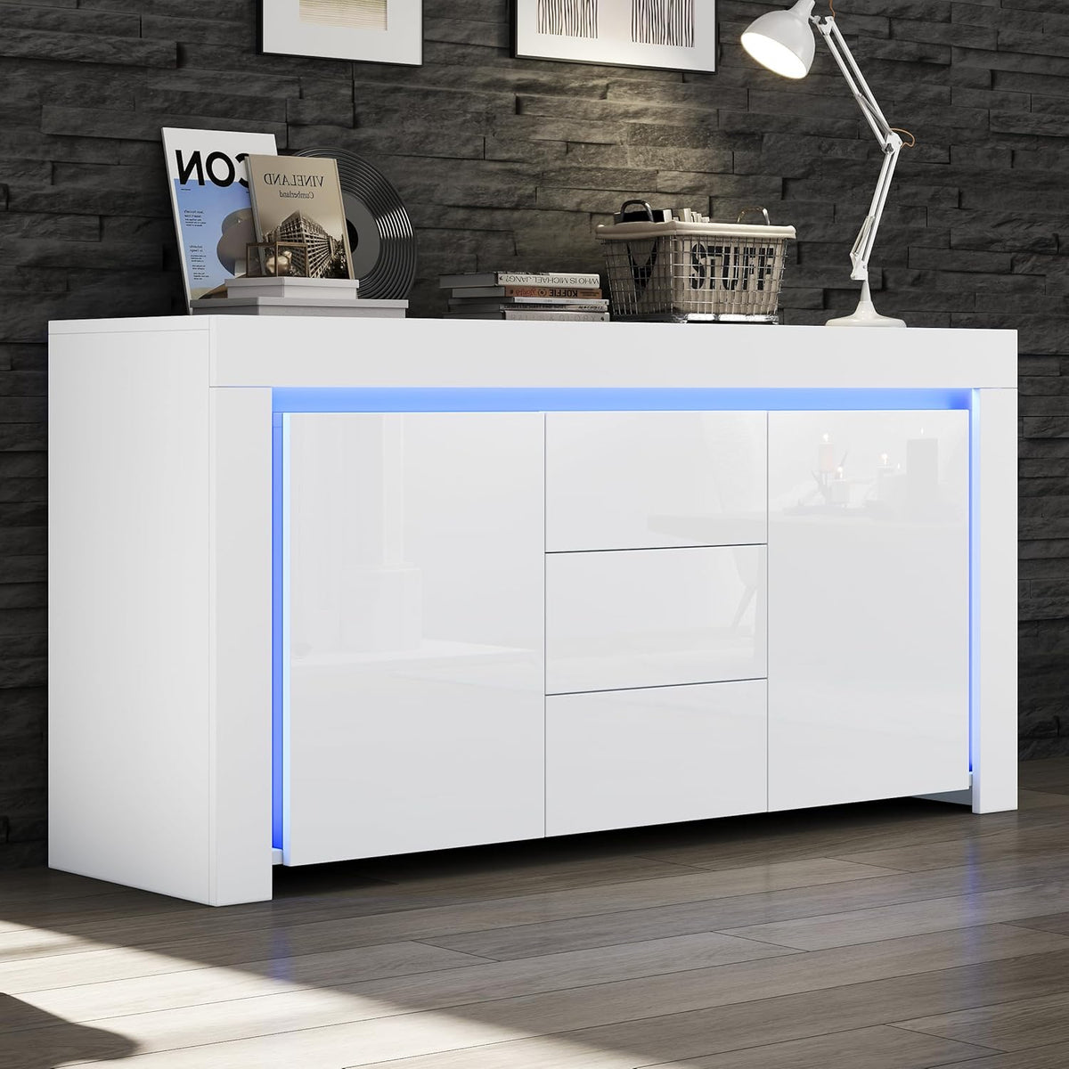 ModernLuxe LED Sideboard Hochglanz Wohnzimmer Beistellschrank 140x40x65cm,3 Schubladen & 2 Türen, Moderne Kommode mit Stauraum für Flur, Büro und Wohnzimmer, Weiß