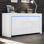 ModernLuxe LED Sideboard Hochglanz Wohnzimmer Beistellschrank 140x40x65cm,3 Schubladen & 2 Türen, Moderne Kommode mit Stauraum für Flur, Büro und Wohnzimmer, Weiß