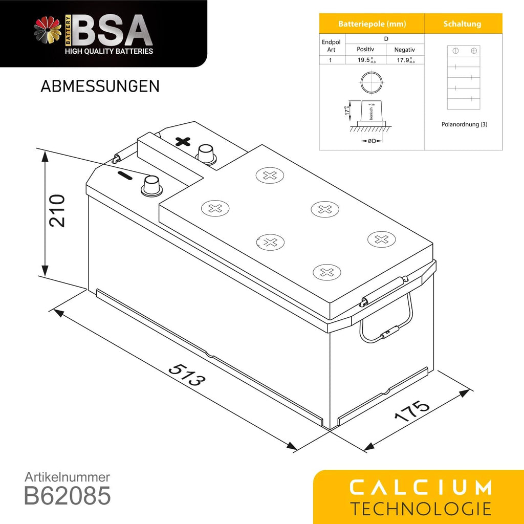 Batería de camión BSA 120Ah 12V, batería de arranque para furgonetas, reemplaza a 115Ah 110Ah