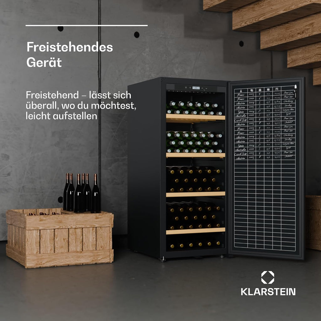 Nevera para vinos Klarstein CellarMax de libre instalación - 155 botellas, 5-20 °C, control táctil, puerta de metal, estantes de madera, alarma, clase energética E, vinoteca grande