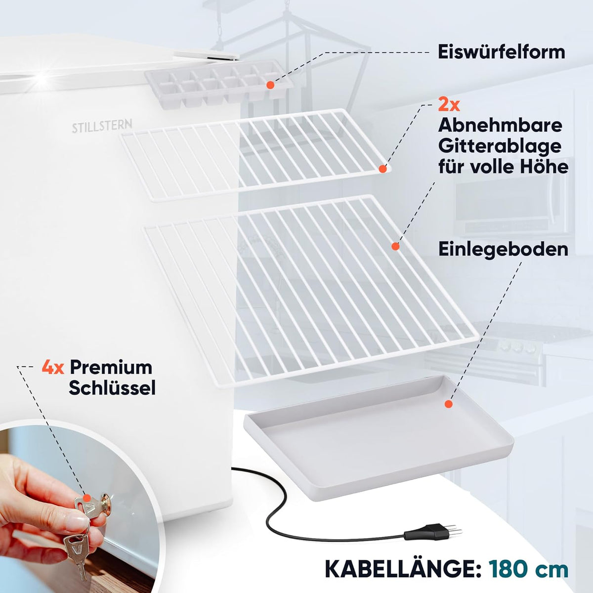 Stillstern Mini Gefrierschrank (42L) -18°C, Eiswürfelschale, Schloss, Türanschlag wechselbar, 4-Sterne Tiefkühlschrank für Camping/Büro Gefriertruhe Klein Gefrierschrank Klein Tiefkühltruhe Weiß