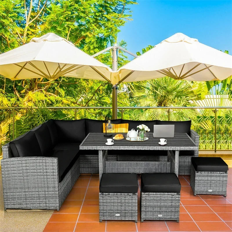 Conjunto de muebles de comedor para patio de 7 piezas de ratán con sofá seccional, mesa de comedor, otomanas y cojines