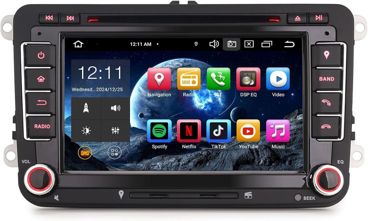 Erisin Autorradio Android 14 de 7 pulgadas, 8 núcleos, 4GB+64GB, Bluetooth, Navegador GPS para VW T5, Golf 5, Golf 6, Polo, Caddy, Tiguan, Touran, Passat, Seat, CarPlay inalámbrico, Android Auto, DAB+, DVD, DSP, WiFi, RDS, USB, OPS