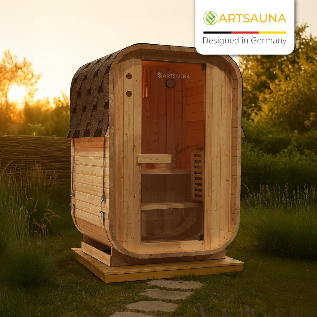 Sauna de barril Artsauna Nolvik S, sauna de exterior de madera de abeto, estufa de 3,6 kW, LED, set completo con reloj de arena, cubo y termómetro, resistente al invierno, diseño de cubo