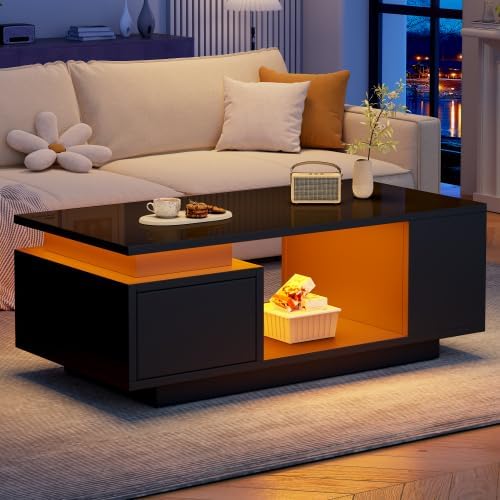 Mesa de centro de alto brillo Merax con iluminación LED y cajón – Mesa de sofá de 100x50x36 cm, mesa de salón con 4 compartimentos laterales, mesa de centro minimalista en negro