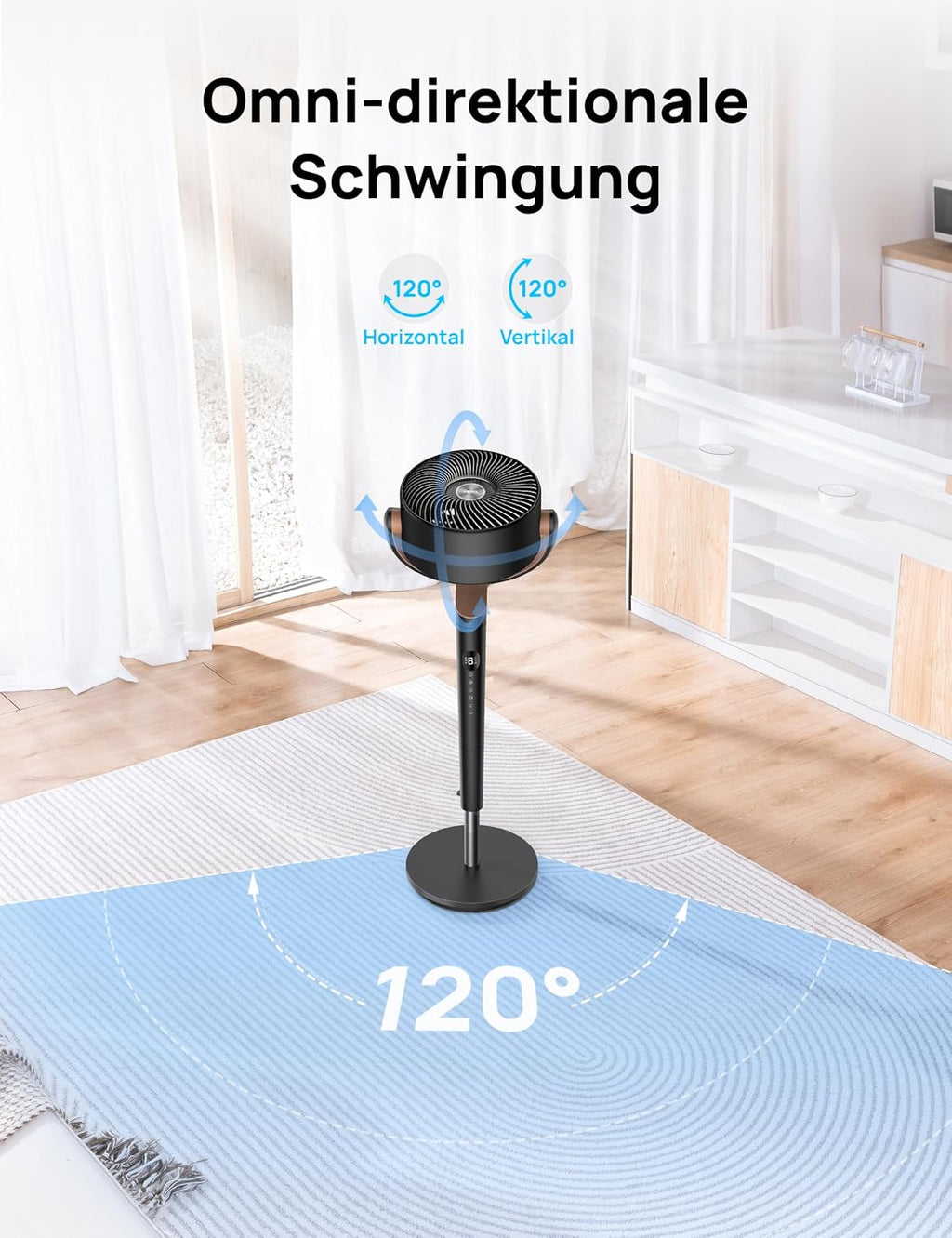 DREO 23dB leiser Standventilator, 120°+120° Omni-direktionale oszillierende Ventilator, 27M Windentfernung, 1615 m³/h Luftvolumen Echt Turbo-Luftzirkulator Fans, 89-102cm Höhe 3 Modi 8-Geschwindigkeit