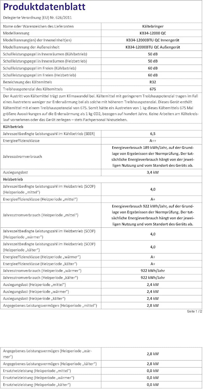 Kältebringer Split Klimaanlage Quick Connect - 12000 BTU (3,4 kW) Klimagerät mit Heizfunktion, WiFi & App, bis 91qm, sehr leise - 5m Kupferleitung, Kältemittel R32, Montagematerial, Wandhalterung