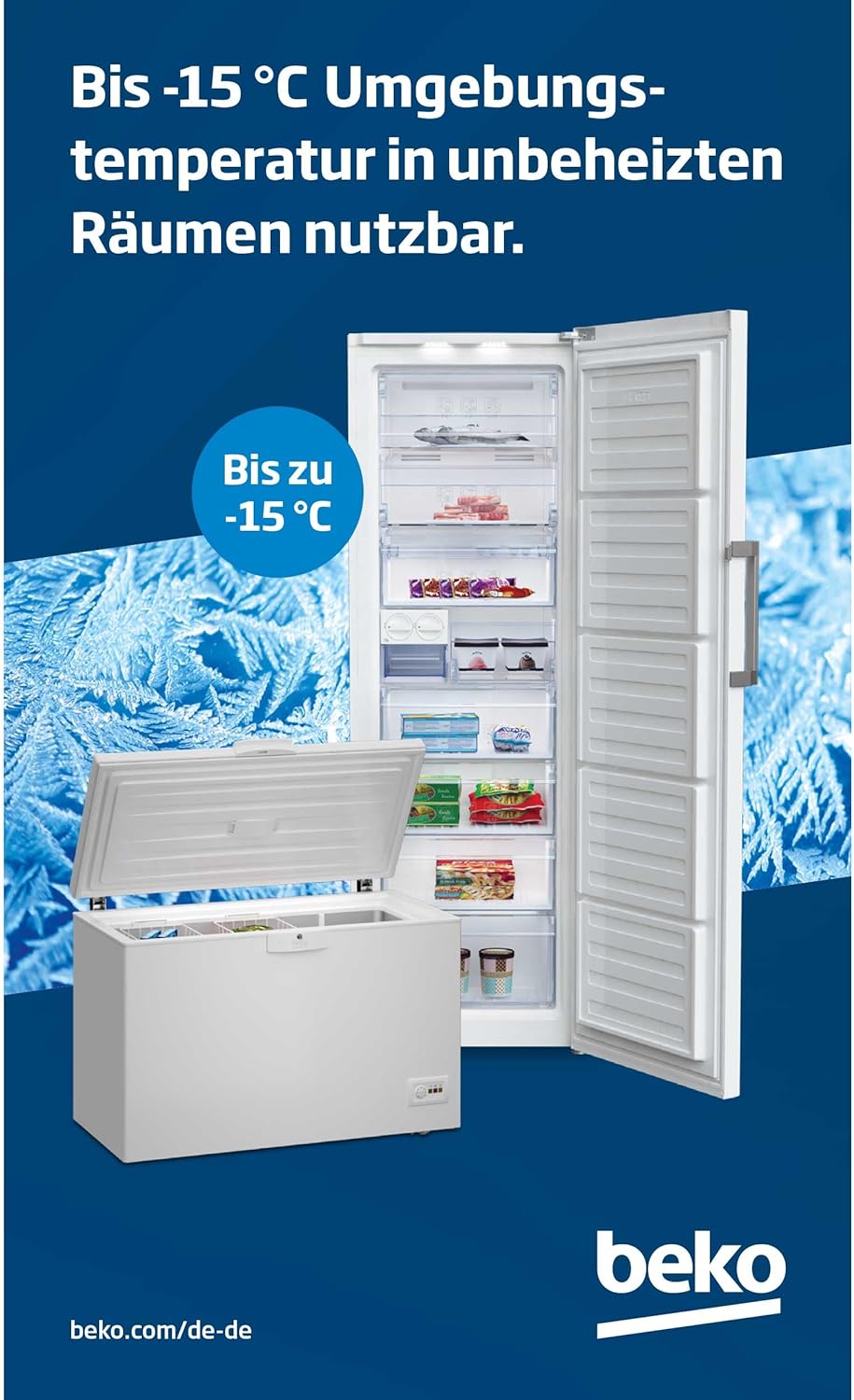 Beko RFNE448E55W Gefrierschrank, 404 l Nettovolumen, No Frost, Schnellgefrierfunktion, Multifunktionsdisplay, 6 Gefrierschubladen + 2 Fächer, 36 dB (A), in unbeheizten Räumen nutzbar, Weiß