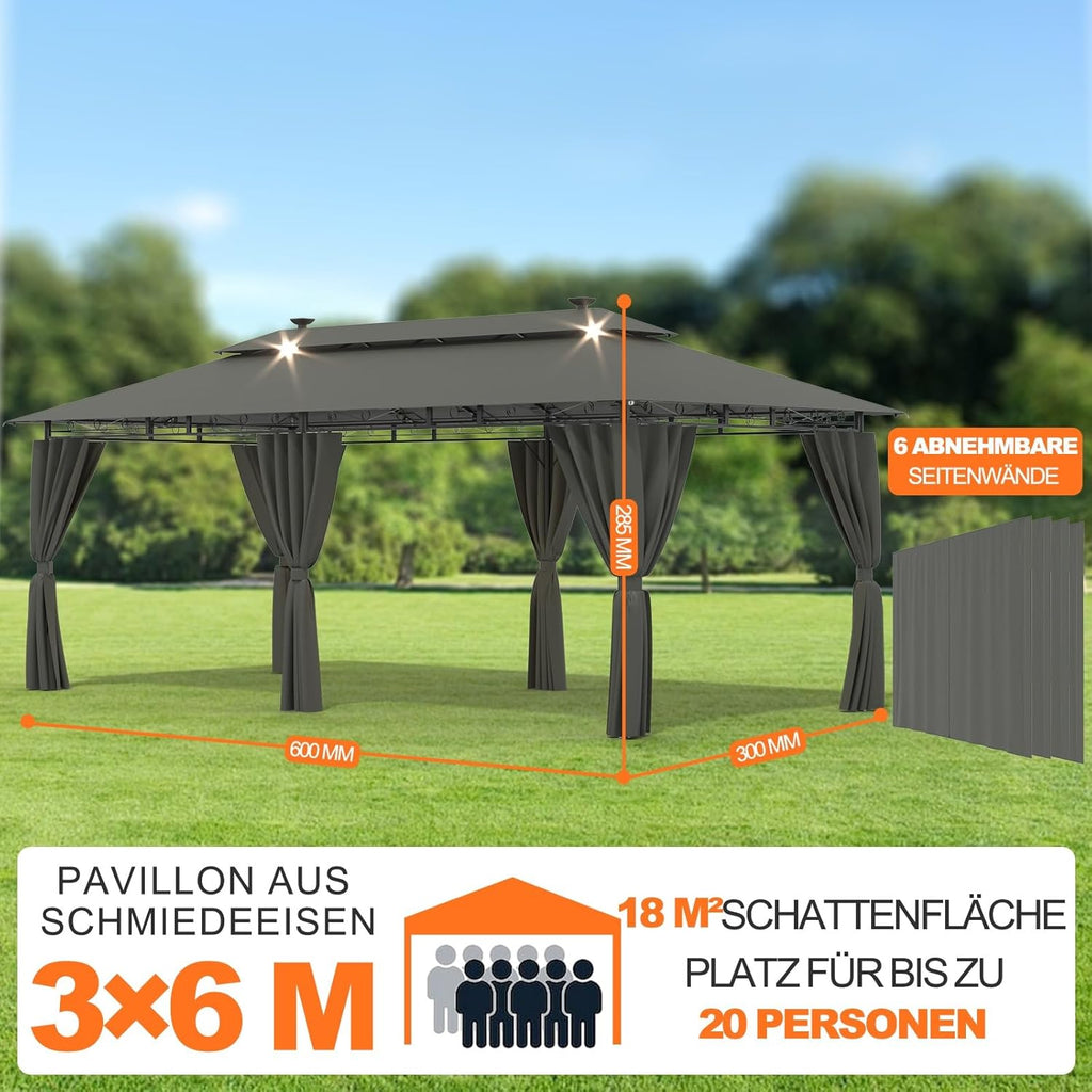 Devoko Garden Pavillon 3x6 Wasserdicht Stabil Winterfest Deluxe Gazebo, UV-Schutz 50+ Doppellagiges Grilpavillons mit seitenwänden für 10-20 Personen, Partyzelt für Freizeit, Partys, Grau mit LED