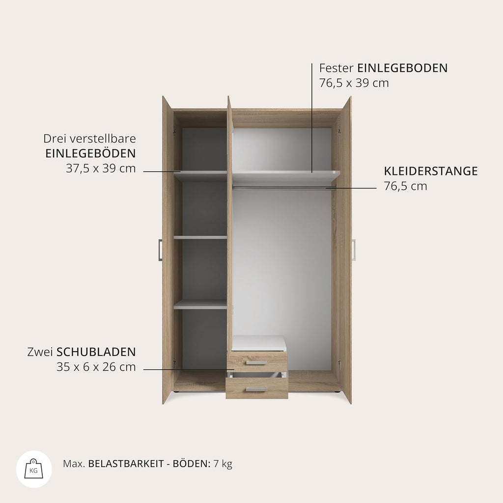 KARL Eleganter 3-türiger Kleiderschrank mit viel Stauraum - Mehrzweckschrank Sonoma Eiche mit Spiegeltür - 120 x 195 x 55 cm