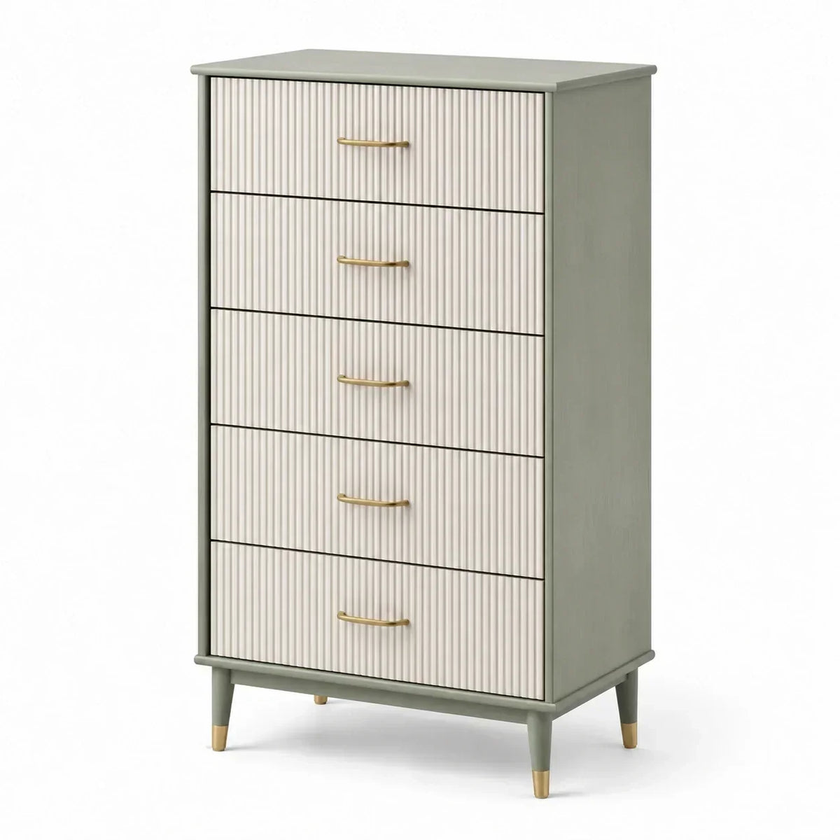 Cómoda de madera con 5 cajones y tiradores de metal verde/blanca