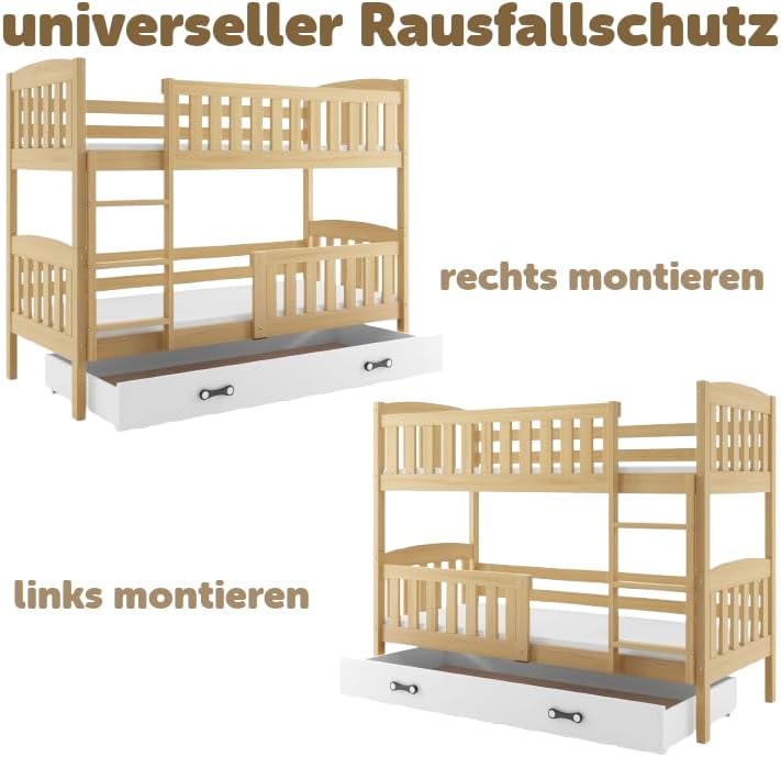 Interbeds Litera 200x90 cm Cama alta Cama doble con cajón Cama de madera de pino Cama infantil Cama juvenil con somier y barrera de seguridad (tono natural, 200x90)