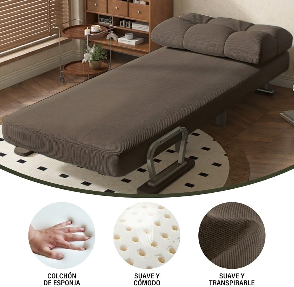 Fabulcozy Schlafsofa 1-Sitzer Umwandelbares Sesselsofa – Großer Komfort Abnehmbar mit Kissen, Metallarmlehnen und Füßen (Khaki)