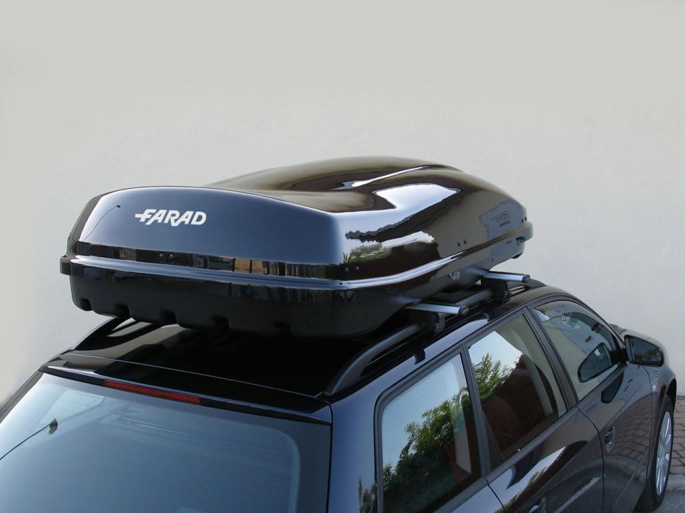 Farad Marlin Dachbox 680L schwarz metallic mit Elastisches Befestigungsnetz - Doppelter Seitenöffner, TÜV-GS Zulassung, 5 Jahre Garantie - 3-Punkt-Zentralverriegelung mit Sicherheitsschlüssel