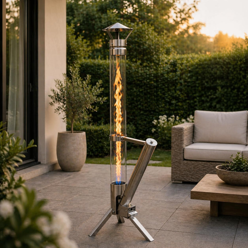Eden Outdoor Feuerrohr Klassik, columna de fuego de acero inoxidable y antorcha de pellets, elegante calentador de terraza y chimenea de jardín, fuego de terraza con estilo, duradero y resistente a la intemperie, alternativa para tu terraza
