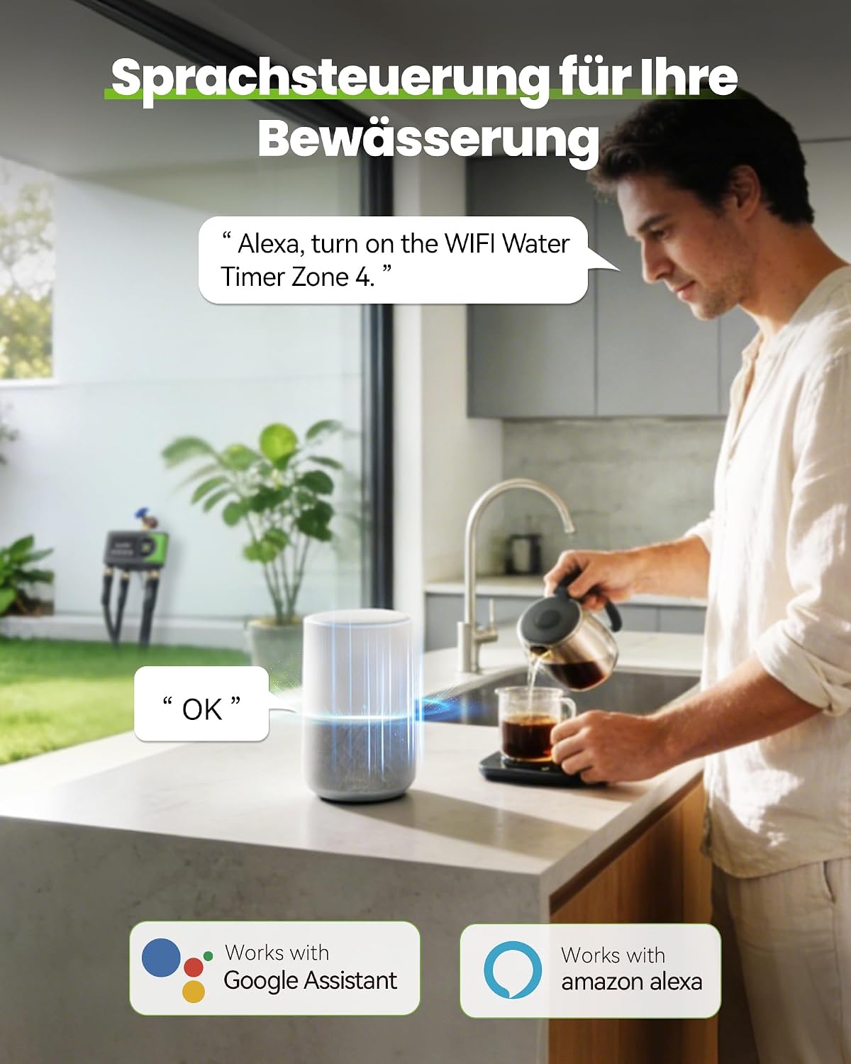 Programador de riego WiFi RAINPOINT de 4 salidas, entrada y salida de latón, temporizador de riego de 4 zonas con control basado en el clima y el suelo, control por aplicación y voz para jardín y césped