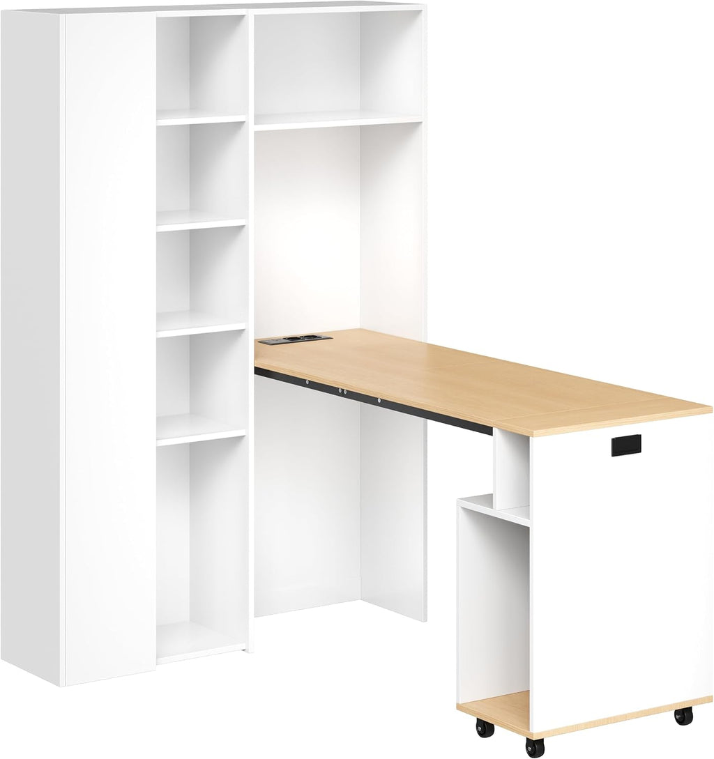 Merax klappbarer 2-in-1 Schreibtisch mit Ablagen, Steckdose & USB, Kippschutz, Eck-Schreibtisch Links – Homeoffice, Studentenwohnung, platzsparend, funktional, Regal & Arbeitsplatz, Weiß