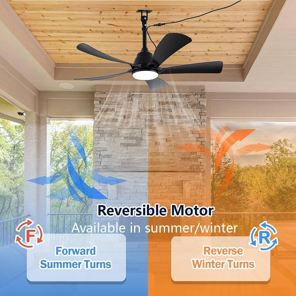 Ventilador de techo para exteriores con luz IP65 resistente al agua, 106 cm, silencioso, con iluminación y control remoto, regulable, 6 velocidades, temporizador, lámpara con ventilador para terraza y cenador, negro