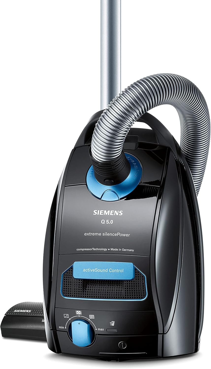 Aspiradora con bolsa Siemens Q5.0 extreme silencePower VSQ5X1230, ideal para alérgicos, filtro higiénico, gran potencia de succión, cepillo para parquet, alfombras y azulejos, cable largo, 850 W, negro