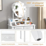 Tocador COSTWAY con iluminación LED, brillo  ajustable, mesa de maquillaje con 4 cajones, taburete y espejo giratorio de 360°, mesa de cosméticos para dormitorio (blanco)