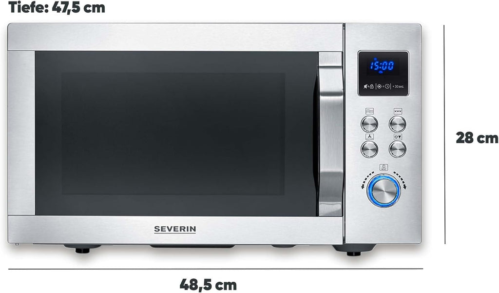 Microondas 4 en 1 SEVERIN "Crispy Wave", función de aire caliente hasta 230 °C, freidora de aire, microondas, horno y grill, temporizador de 95 min, potencia máx. 2150 W, 25 L, plata/acero inoxidable, MW 7982