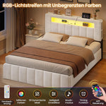Cama tapizada AOGLLATI 140x200 con almacenamiento, cama hidráulica con iluminación LED y estación de carga, cama juvenil, cama doble, estructura de cama con cabecero de terciopelo - Sin colchón (terciopelo beige, 140x200 cm)