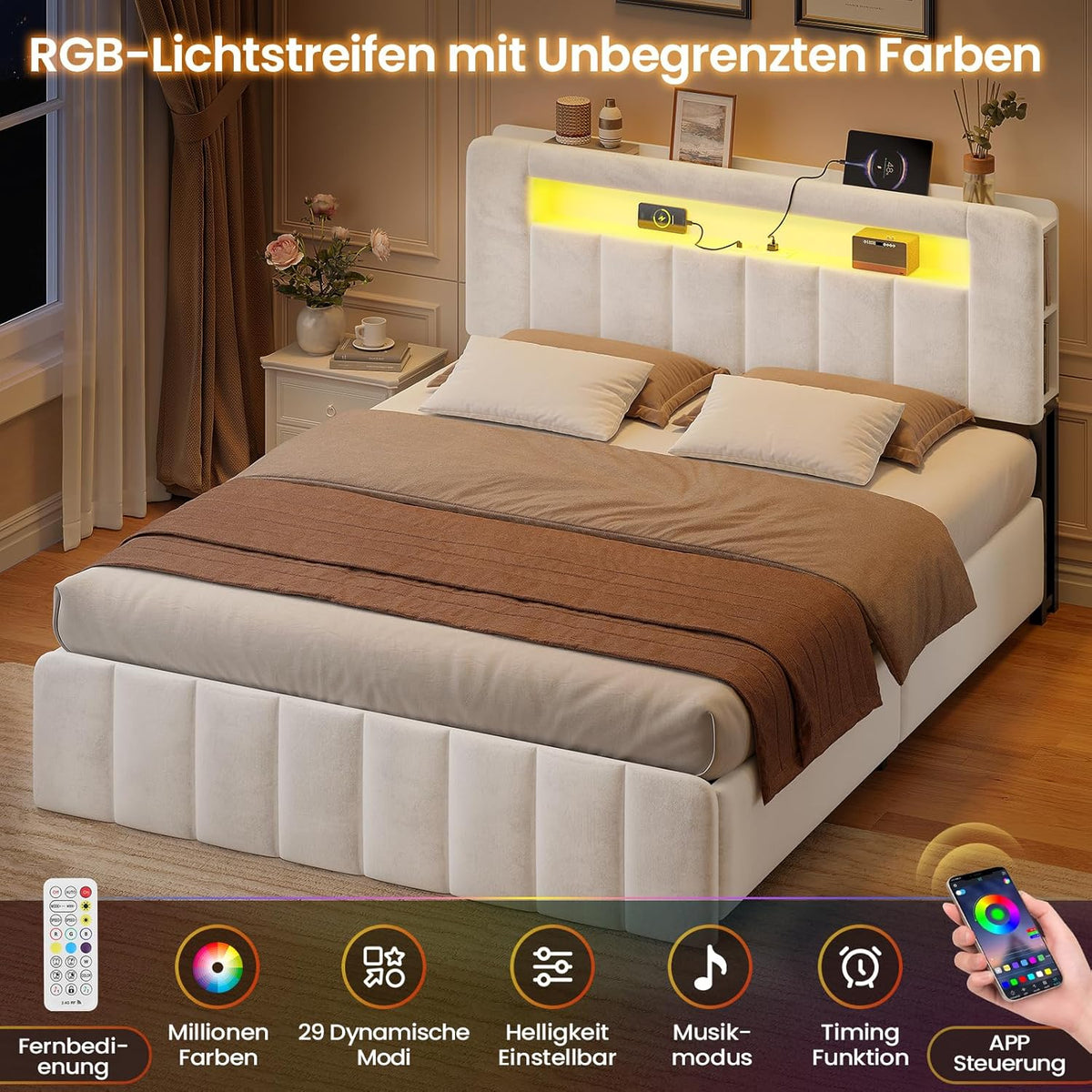 Cama tapizada AOGLLATI 140x200 con almacenamiento, cama hidráulica con iluminación LED y estación de carga, cama juvenil, cama doble, estructura de cama con cabecero de terciopelo - Sin colchón (terciopelo beige, 140x200 cm)