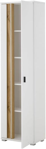 Set de muebles de salón Lomadox de 4 piezas, color blanco y roble, estilo moderno: 1 vitrina, 1 armario alto, 1 mueble bajo, 1 estante de pared, incl. iluminación LED