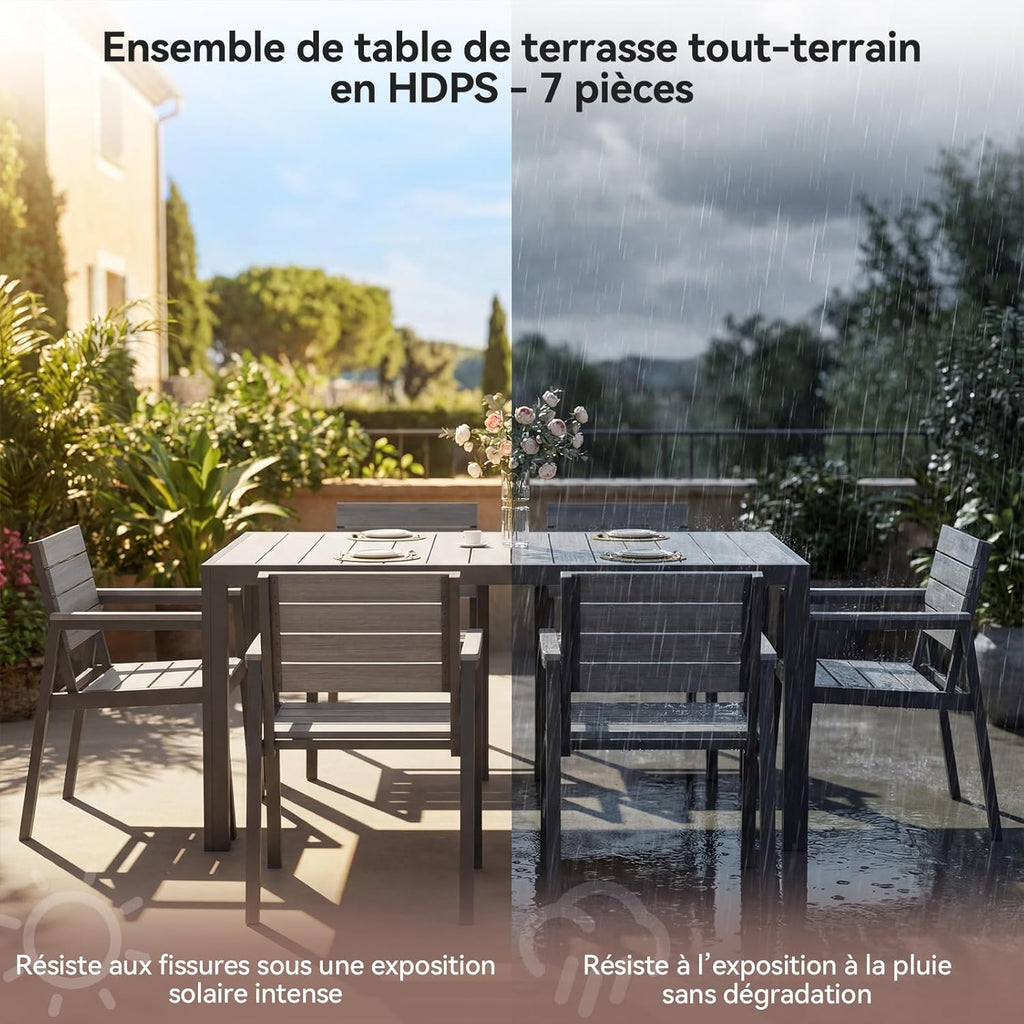 Devoko HDPS Conjunto de jardín de exterior de 7 piezas, resistente a la intemperie, con mesa de 150 cm y 6 sillas de jardín de exterior de aluminio, acabado imitación madera y fácil mantenimiento (gris)