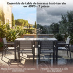 Devoko HDPS Conjunto de jardín de exterior de 7 piezas, resistente a la intemperie, con mesa de 150 cm y 6 sillas de jardín de exterior de aluminio, acabado imitación madera y fácil mantenimiento (gris)