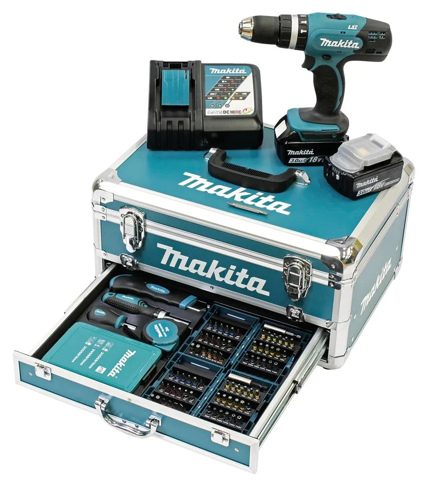 Makita DHP453RFX2 Akku Schlagbohrschrauber 18 V 3000 mAh im Alukoffer mit 96teiligem Zubehörset Blau Silber