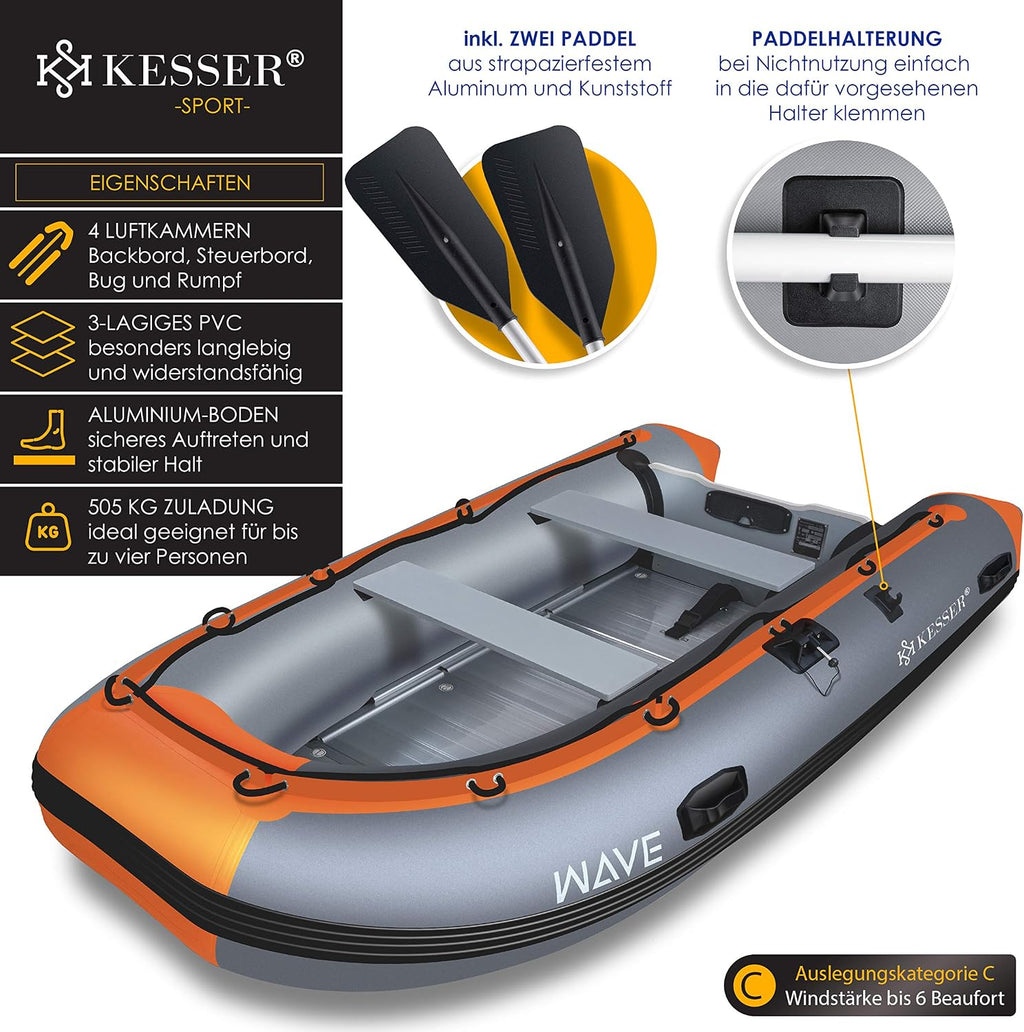 KESSER® Bote neumático Wave 230-320 cm set de 6 piezas inflable – Bote + banco, bomba de aire, remos, kit de reparación, bolsa, bote de pesca, bote de remo pequeño y grande - opción de combinación con motor, apto para agua salada
