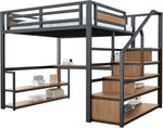 140*200 Metall-Hochbett mit Aufbewahrungsleiter mit Regalen und Tisch, Sicherheitszaun-Design mit gespleißten Metallplanken, Hohes Eisenrahmenbett mit Metallrahmen für stabile Unterstützung (Schwarz)