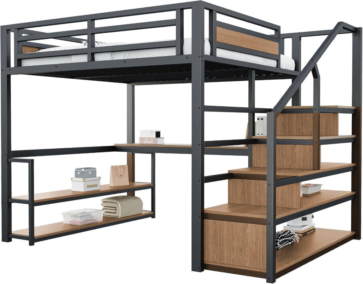140*200 Metall-Hochbett mit Aufbewahrungsleiter mit Regalen und Tisch, Sicherheitszaun-Design mit gespleißten Metallplanken, Hohes Eisenrahmenbett mit Metallrahmen für stabile Unterstützung (Schwarz)