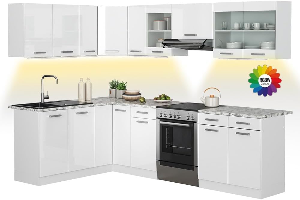 Cocina esquinera Vicco Rick, blanco alto brillo, 167 x 60 cm, encimera efecto mármol con tiras LED