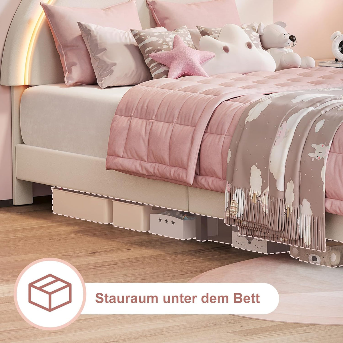 Cama tapizada infantil 90x200 con iluminación LED, estructura de cama individual con somier, cama de princesa para niña con cabecero en forma de conejo para dormitorio, tela de terciopelo, blanco (Blanco-C, 90x200 cm)