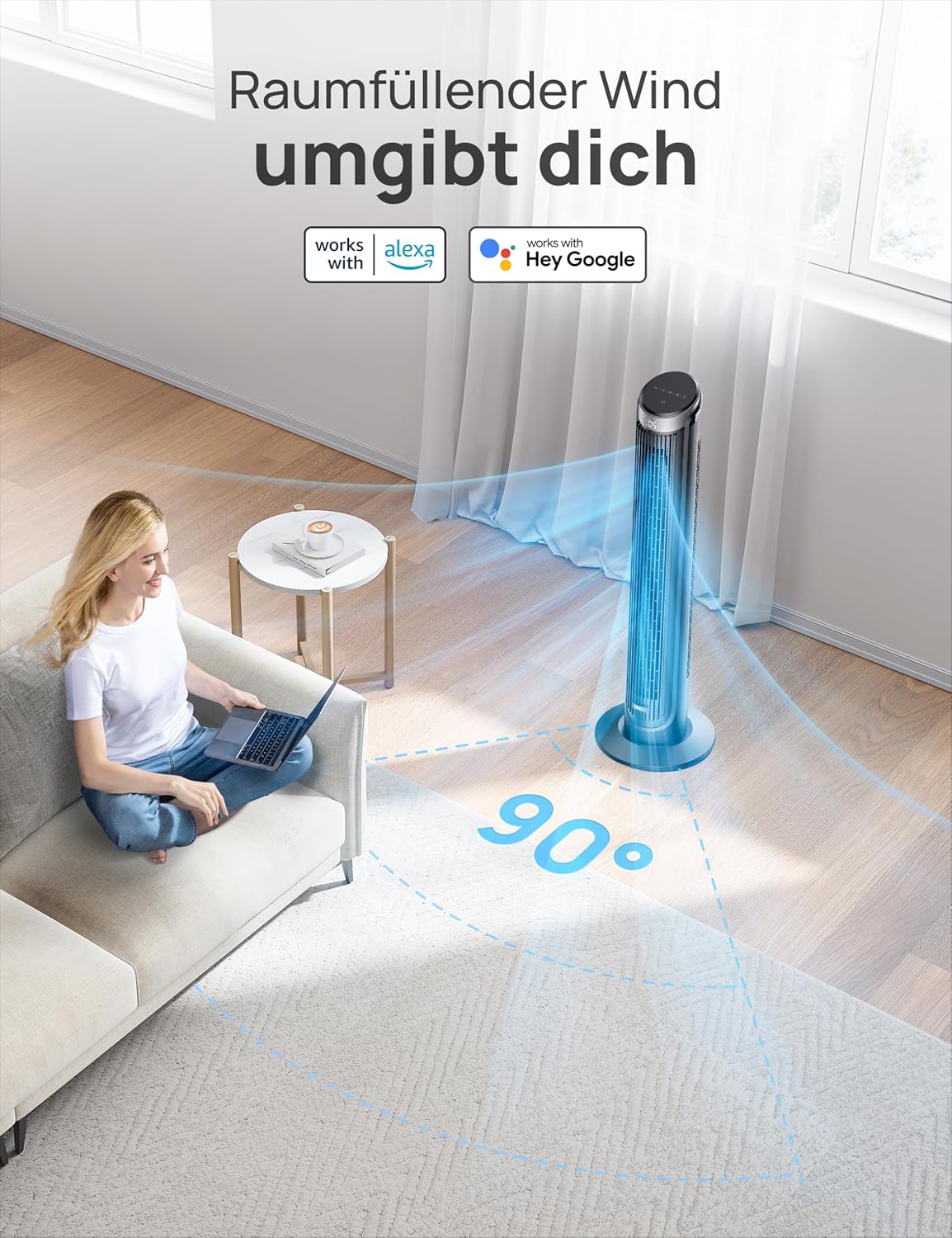 DREO Smart Turmventilator Sehr Leise, 90° Oszillierend Standventilator für Schlafzimmer, 7.9 m/s Windstärke, 5 Stufen, 4 Modi, Touch/Fernbedienung/App & Sprachsteuerung, Alexa, 12H Timer, Silber