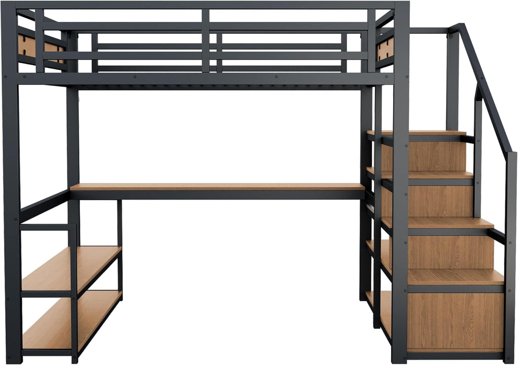 140*200 Metall-Hochbett mit Aufbewahrungsleiter mit Regalen und Tisch, Sicherheitszaun-Design mit gespleißten Metallplanken, Hohes Eisenrahmenbett mit Metallrahmen für stabile Unterstützung (Schwarz)