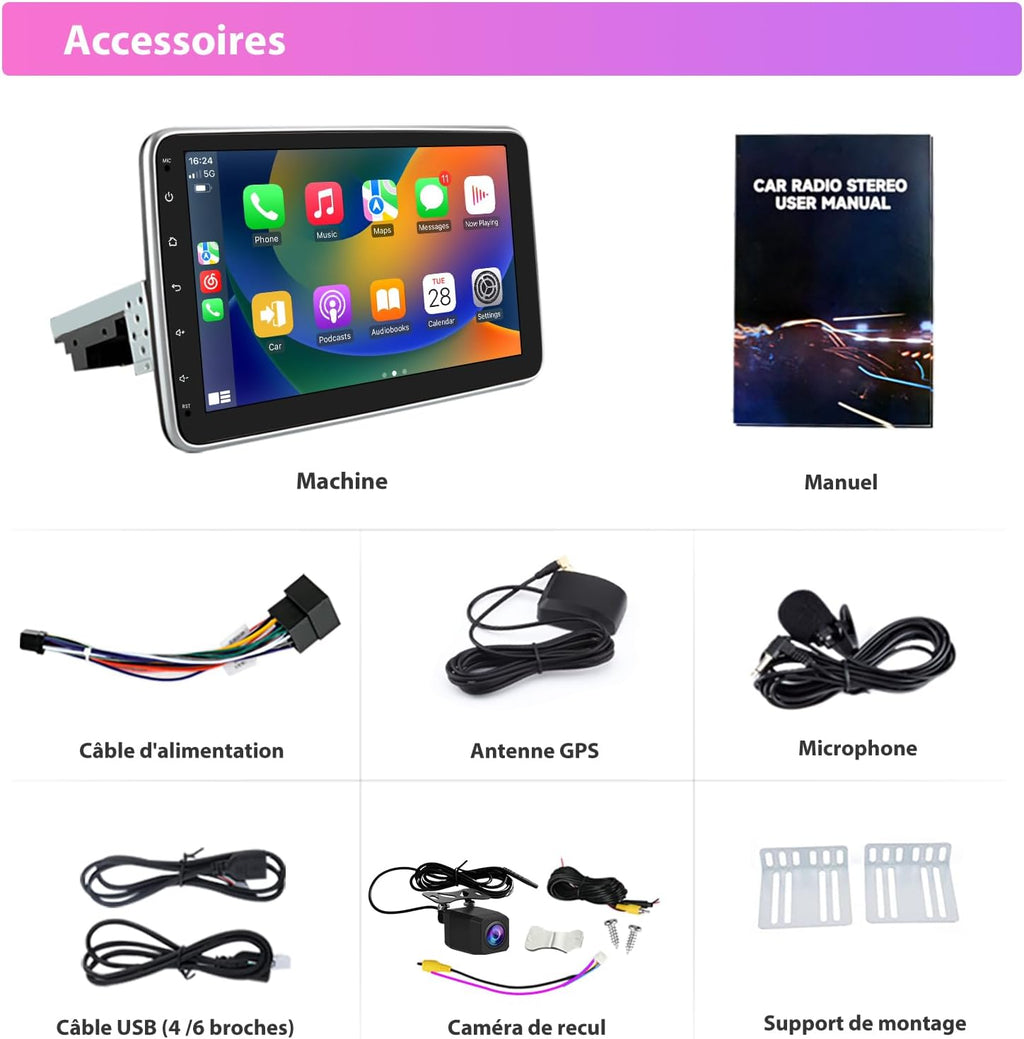 Autorradio Hexinex Android 13 Universal 1 DIN | Pantalla táctil HD de 10 pulgadas | 2 GB + 32 GB | Compatible con CarPlay y Android Auto | Cámara de visión trasera incluida | GPS, WiFi, Bluetooth, FM RDS, control al volante