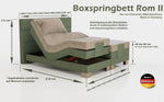 Cama boxspring Rom II 120x200 cm con ajuste eléctrico mediante motor, incluye colchón de muelles ensacados y topper. Grado de firmeza H2 / H3 / H4. Cabecero y piecero ajustables.