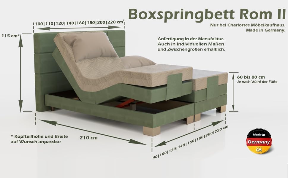 Cama boxspring Rom II 120x200 cm con ajuste eléctrico mediante motor, incluye colchón de muelles ensacados y topper. Grado de firmeza H2 / H3 / H4. Cabecero y piecero ajustables.