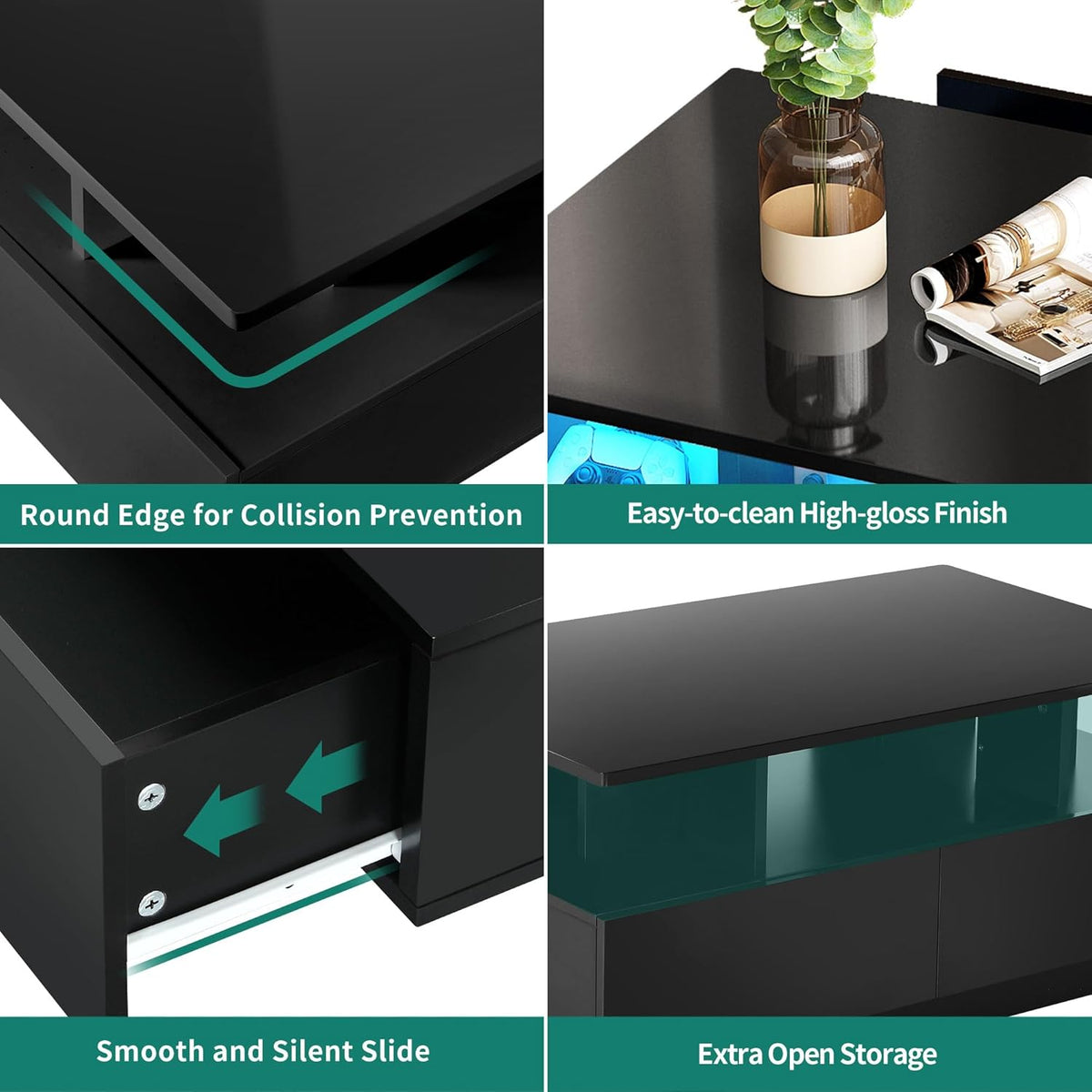 YITAHOME Couchtisch Schwarz, Wohnzimmertisch Hochglanz mit 16-Farbiger LED Beleuchtung Modern, Beistelltisch Schwarz mit Offenem Ausstellungsregal und 4 Ausziehbaren Schubladen 90x55x41,1 cm