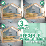 Cama infantil CADANI Malte 90x200 cm – Cama casita con barrera de seguridad extraíble, capacidad de carga de hasta 200 kg, somier de láminas enrollable, cama Montessori a ras de suelo de madera maciza de pino, natural