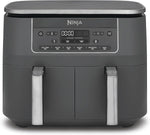 Freidora de aire digital de doble zona Ninja, 2 cajones, 6 en 1, freidora de aire sin aceite, 7,6 L, freír con aire, Max Crisp, asar, hornear, recalentar, cestas aptas para lavavajillas, gris metálico DZ300EU