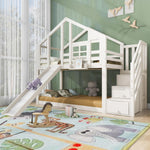 Merax Kinderbett Etagenbett 90x200cm Housebett Stockbett Hochbett mit Rutsche,Treppe Staufach Stauraum,Lattenrost,Rausfallschutz,mit Fenster, für 2 Kinder, Ohne Matratze,Weiß/254×96×207cm