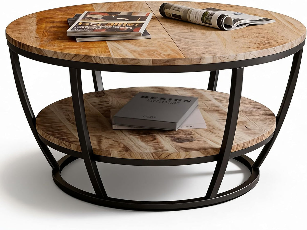 Couchtisch Gianna, rund 86cm, Wohnzimmertisch, Beistelltisch, Tischplatte aus Mangoholz, Metallgestell in Schwarz pulverbeschichtet, mit zusätzlicher Ablage, robust, pflegeleicht